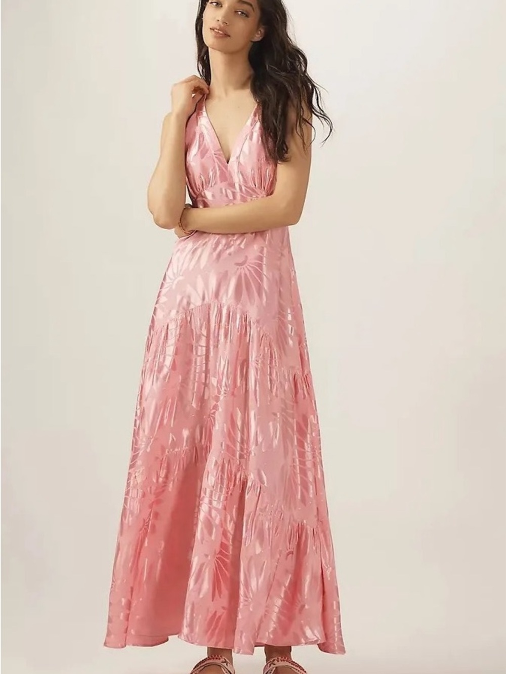 FARM Rio Pink Satin V-Neck Maxi Dress